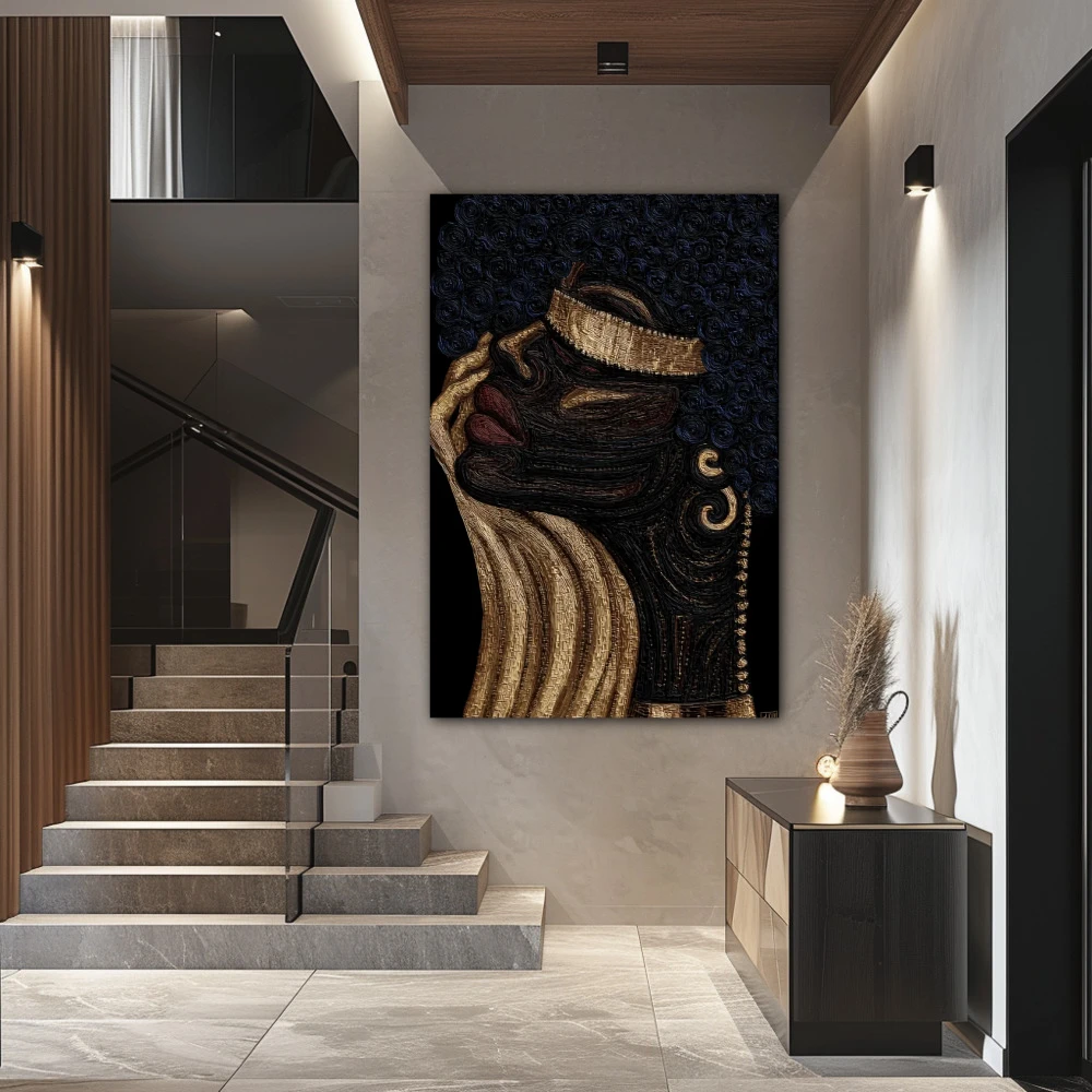 Wall Art titled: Afro of Gold and Soul in a Vertical format with: Golden, and Black Colors; Decoration the Staircase wall
