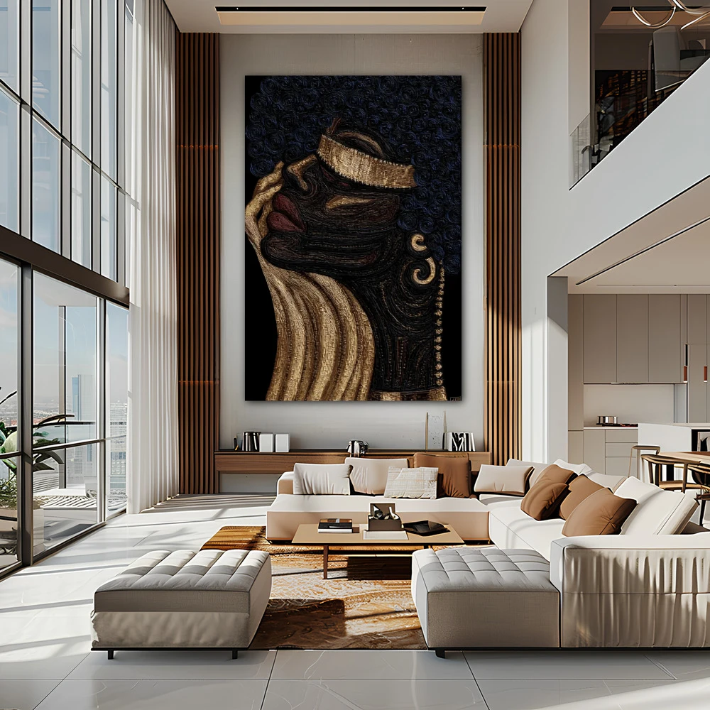 Wall Art titled: Afro of Gold and Soul in a Vertical format with: Golden, and Black Colors; Decoration the Living Room wall
