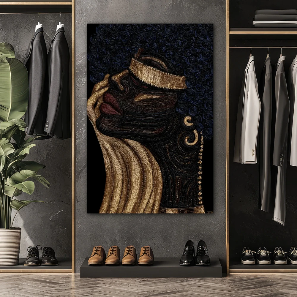 Wall Art titled: Afro of Gold and Soul in a Vertical format with: Golden, and Black Colors; Decoration the Dressing Room wall