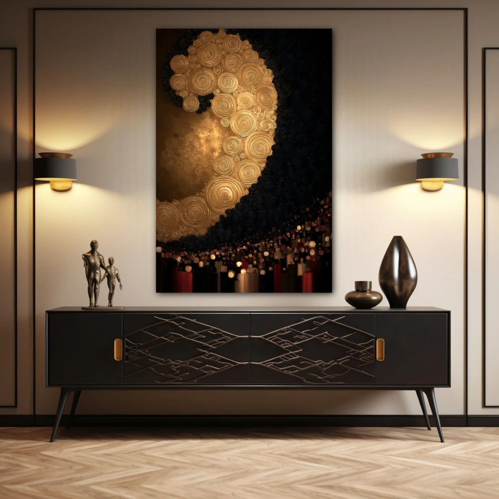 Wall Art titled: Golden Spiral Symphony in a Vertical format with: and Golden Colors; Decoration the Sideboard wall