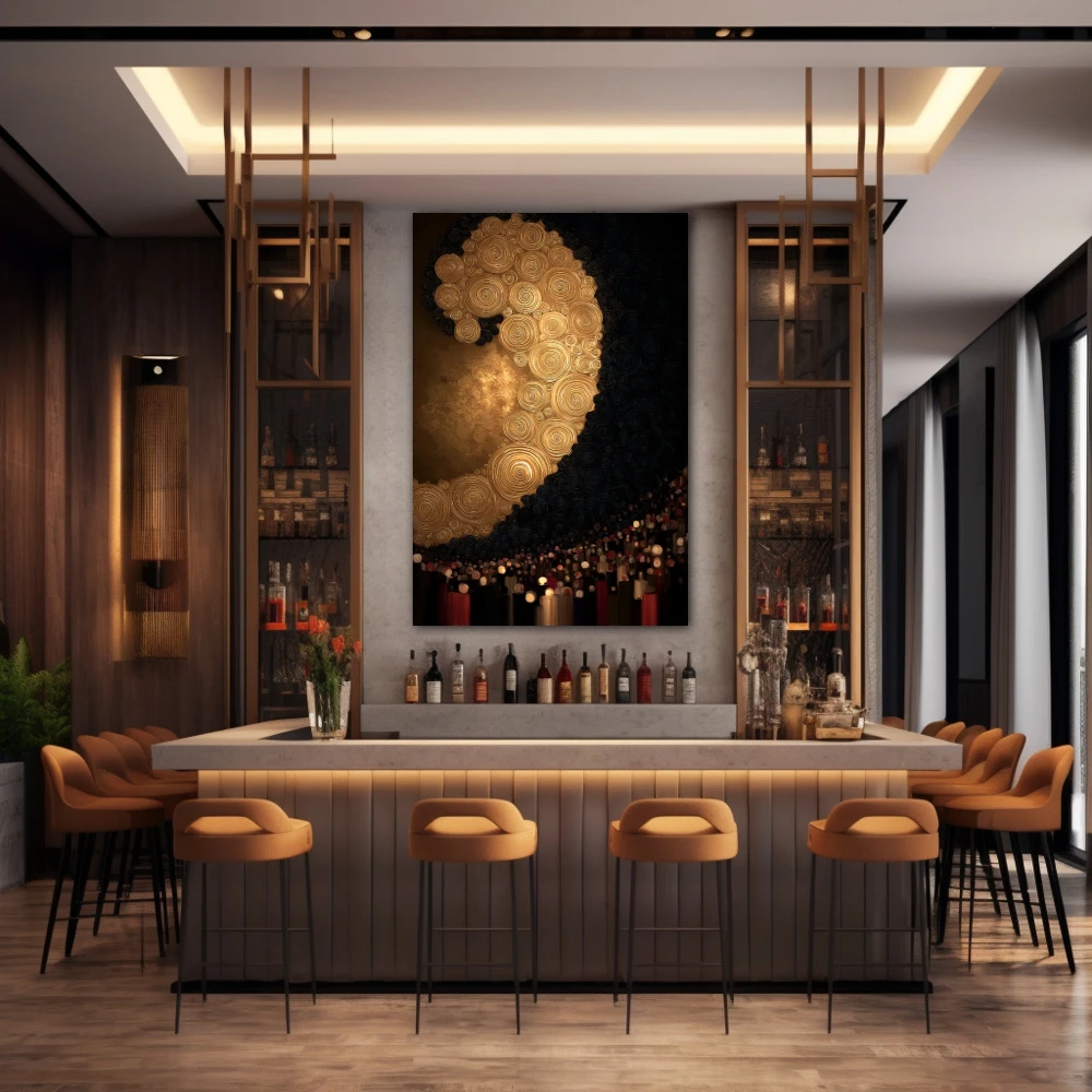 Wall Art titled: Golden Spiral Symphony in a Vertical format with: and Golden Colors; Decoration the Bar wall