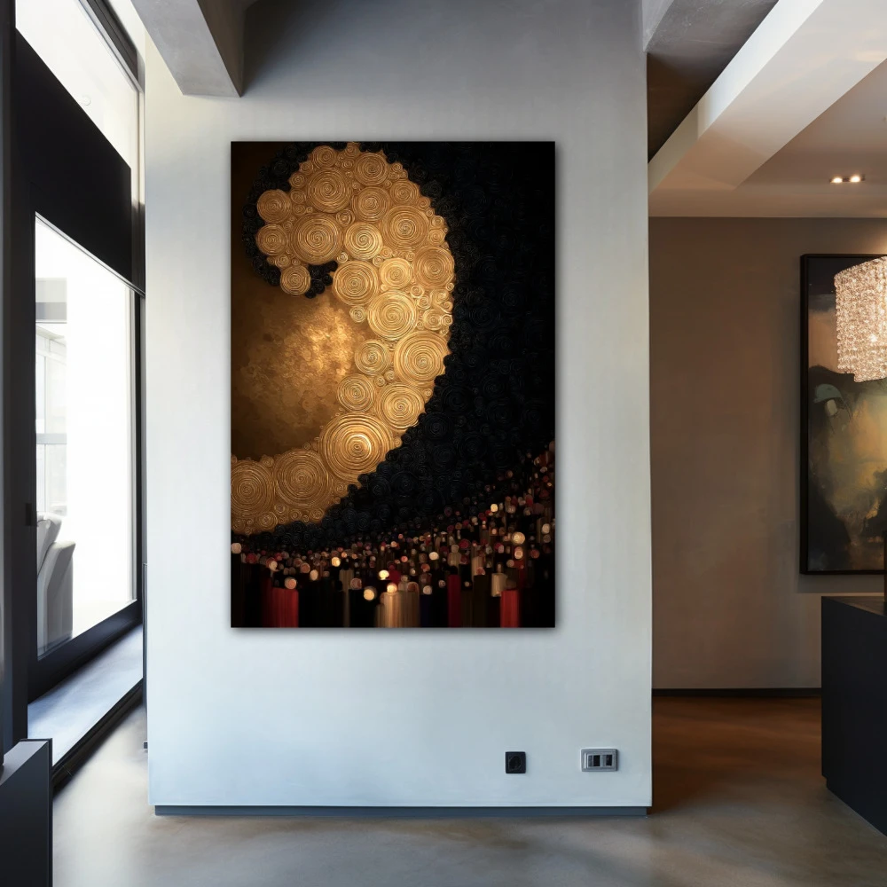 Wall Art titled: Golden Spiral Symphony in a Vertical format with: and Golden Colors; Decoration the Entryway wall