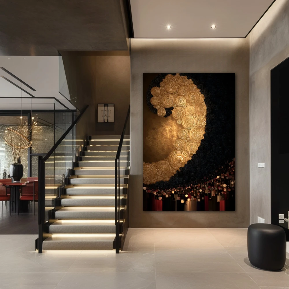Wall Art titled: Golden Spiral Symphony in a Vertical format with: and Golden Colors; Decoration the Staircase wall
