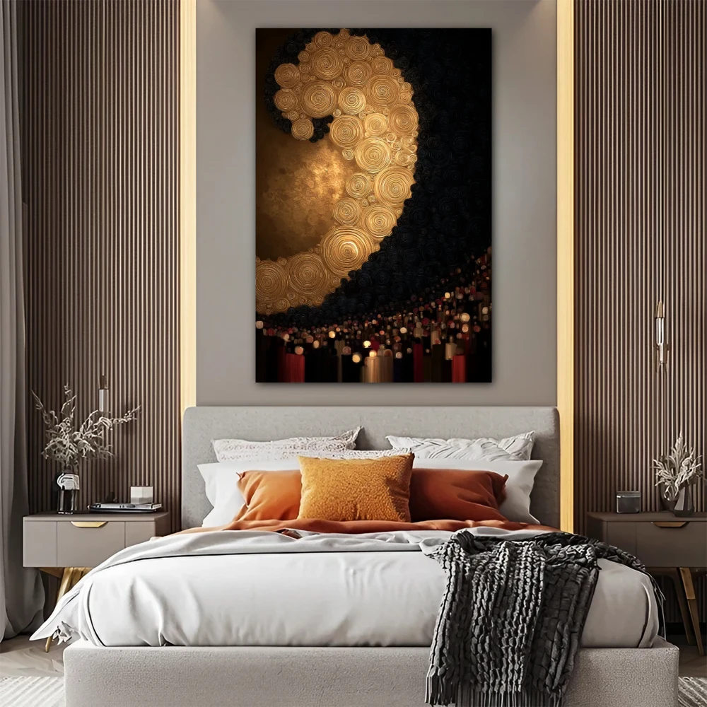 Wall Art titled: Golden Spiral Symphony in a Vertical format with: and Golden Colors; Decoration the Bedroom wall