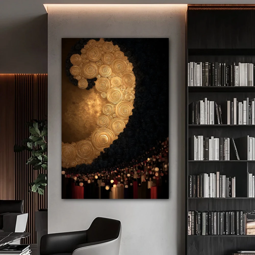 Wall Art titled: Golden Spiral Symphony in a Vertical format with: and Golden Colors; Decoration the Office wall