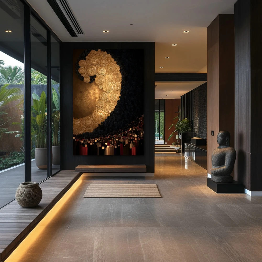 Wall Art titled: Golden Spiral Symphony in a Vertical format with: and Golden Colors; Decoration the Hallway wall