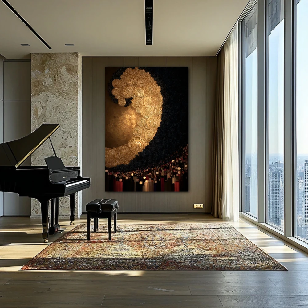 Wall Art titled: Golden Spiral Symphony in a Vertical format with: and Golden Colors; Decoration the Living Room wall