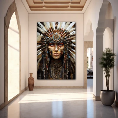 Cuadro waya wolfmoon en formato vertical con colores azul, blanco, marrón; decorando pared de entrada y recibidor