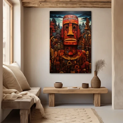 Cuadro kailani kanekoa en formato vertical con colores azul, gris, rojo; decorando pared beige