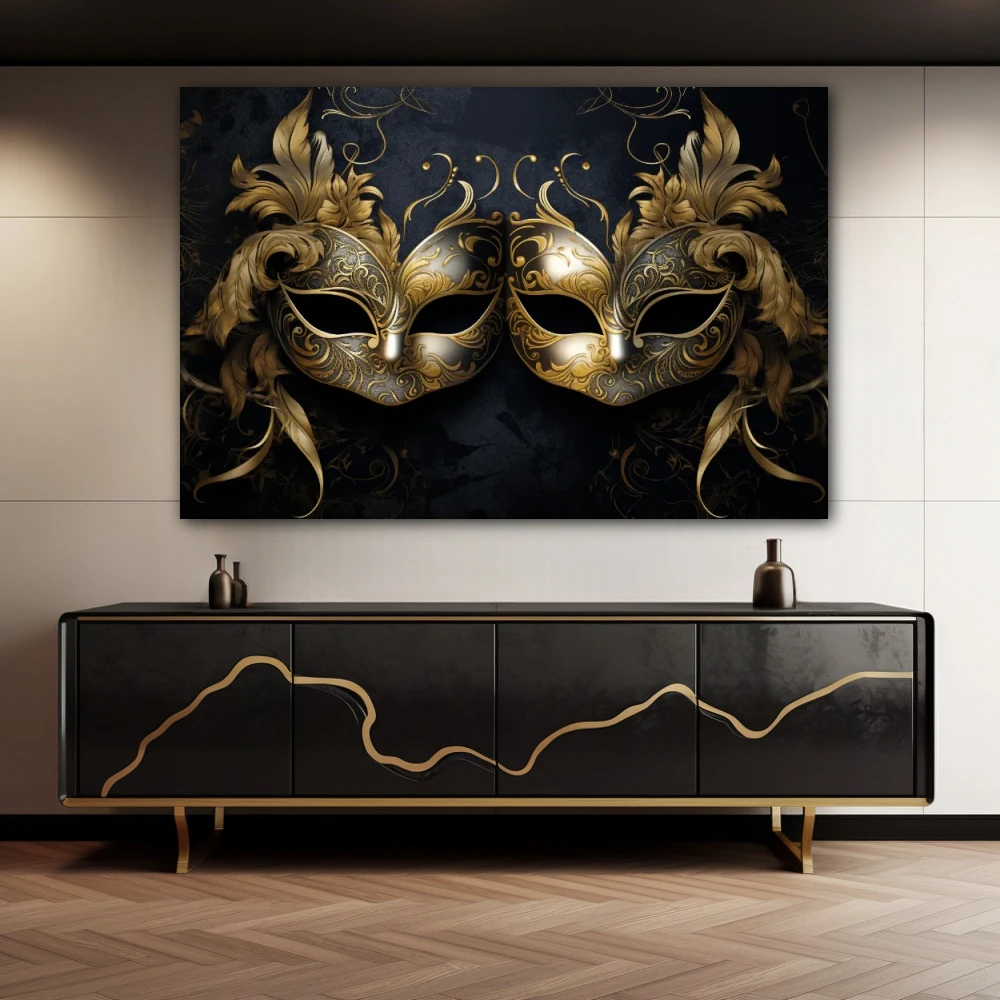 Wall Art titled: The Two Faces of the Same Coin in a Horizontal format with: Golden, and Black Colors; Decoration the Sideboard wall