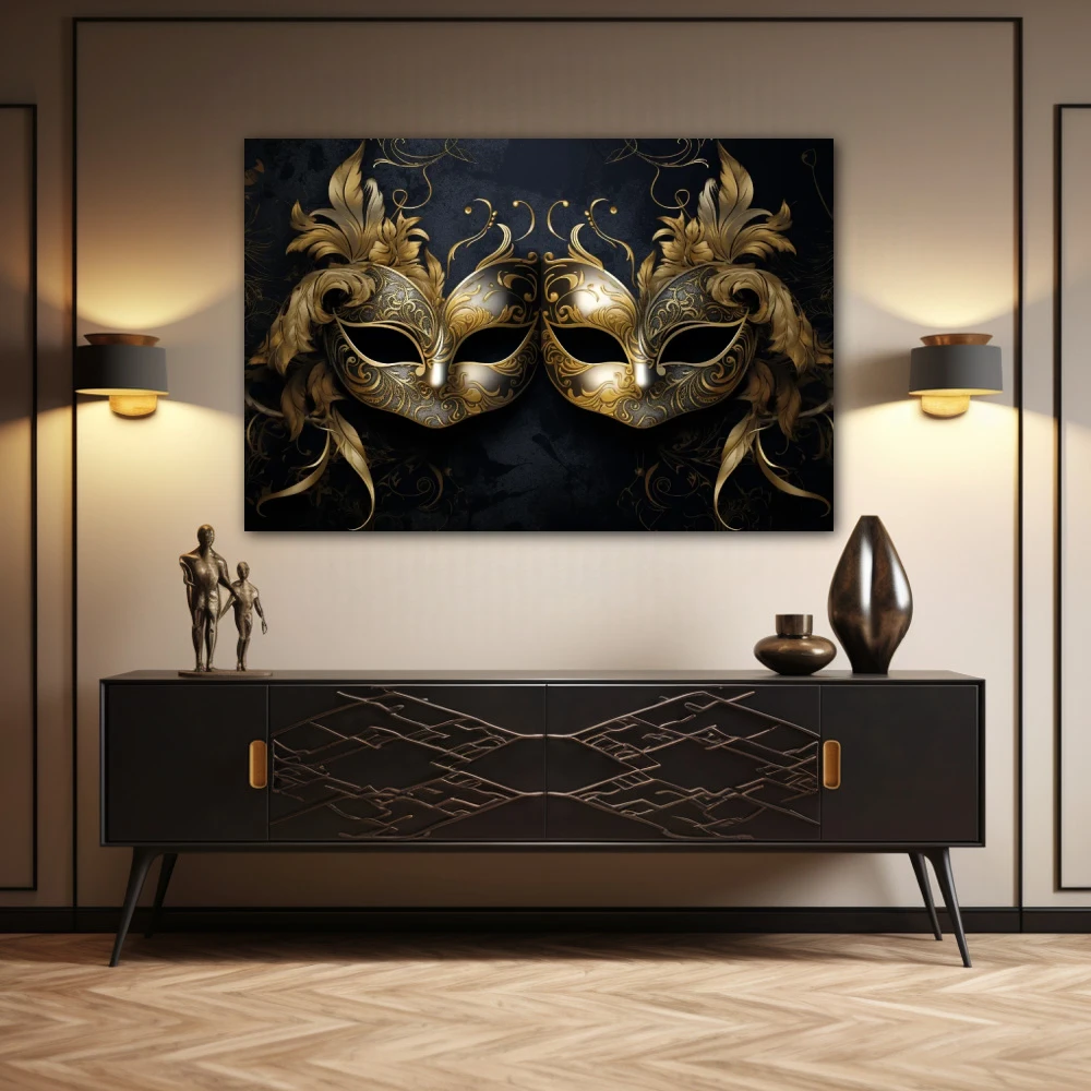 Wall Art titled: The Two Faces of the Same Coin in a Horizontal format with: Golden, and Black Colors; Decoration the Sideboard wall