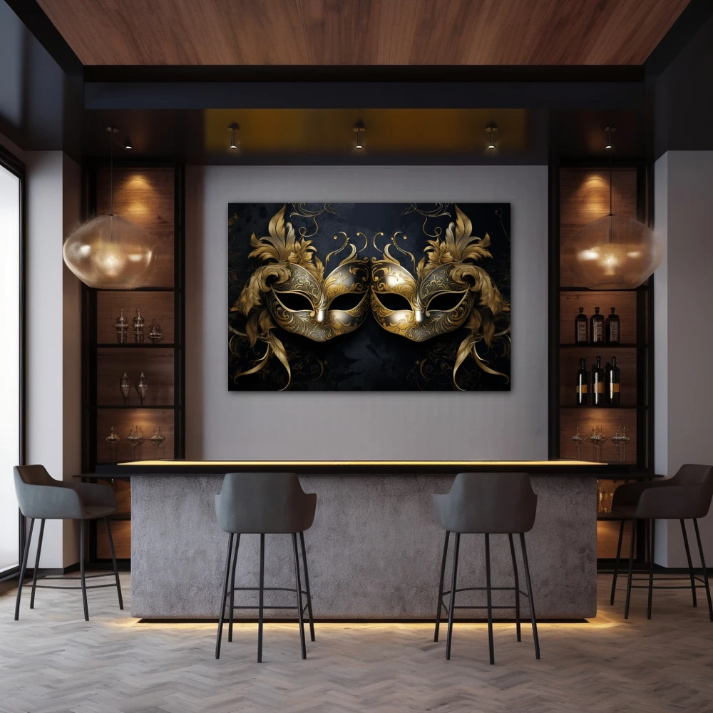 Wall Art titled: The Two Faces of the Same Coin in a Horizontal format with: Golden, and Black Colors; Decoration the Bar wall