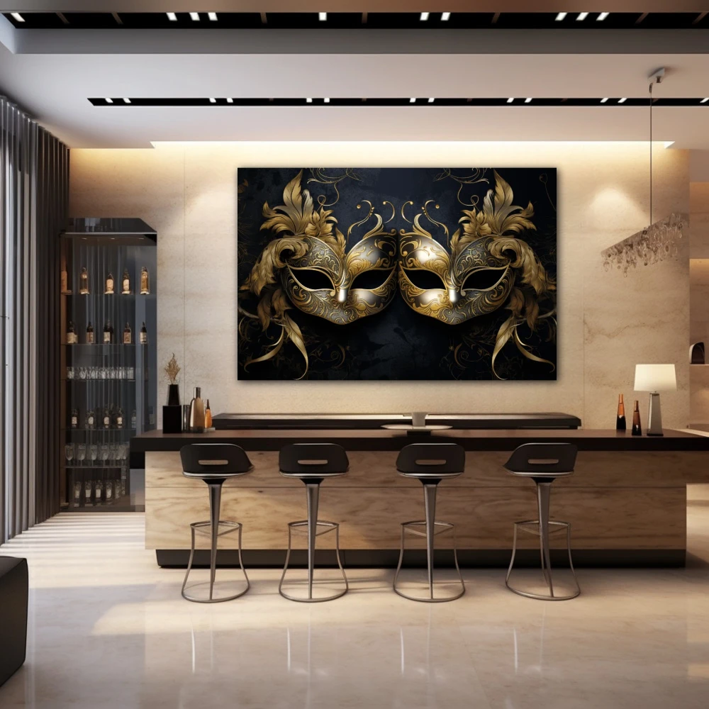 Wall Art titled: The Two Faces of the Same Coin in a Horizontal format with: Golden, and Black Colors; Decoration the Bar wall