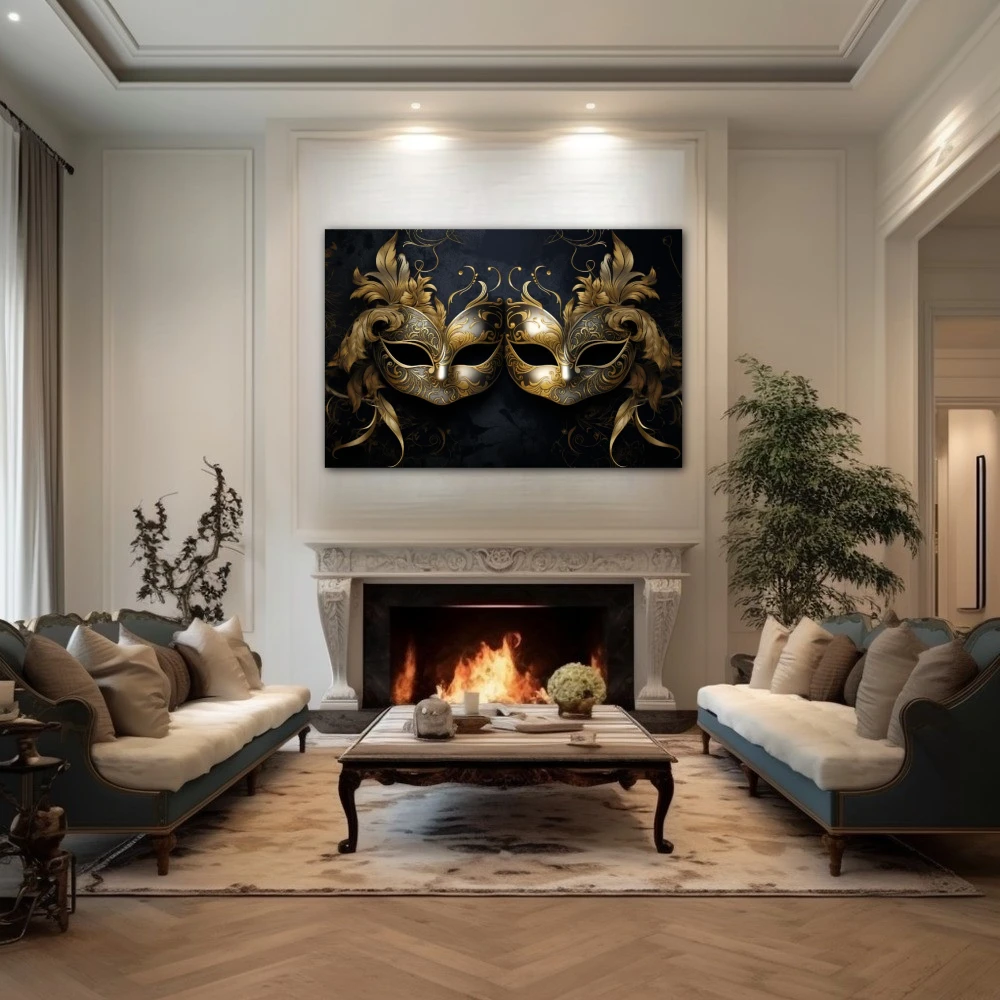 Wall Art titled: The Two Faces of the Same Coin in a Horizontal format with: Golden, and Black Colors; Decoration the Fireplace wall