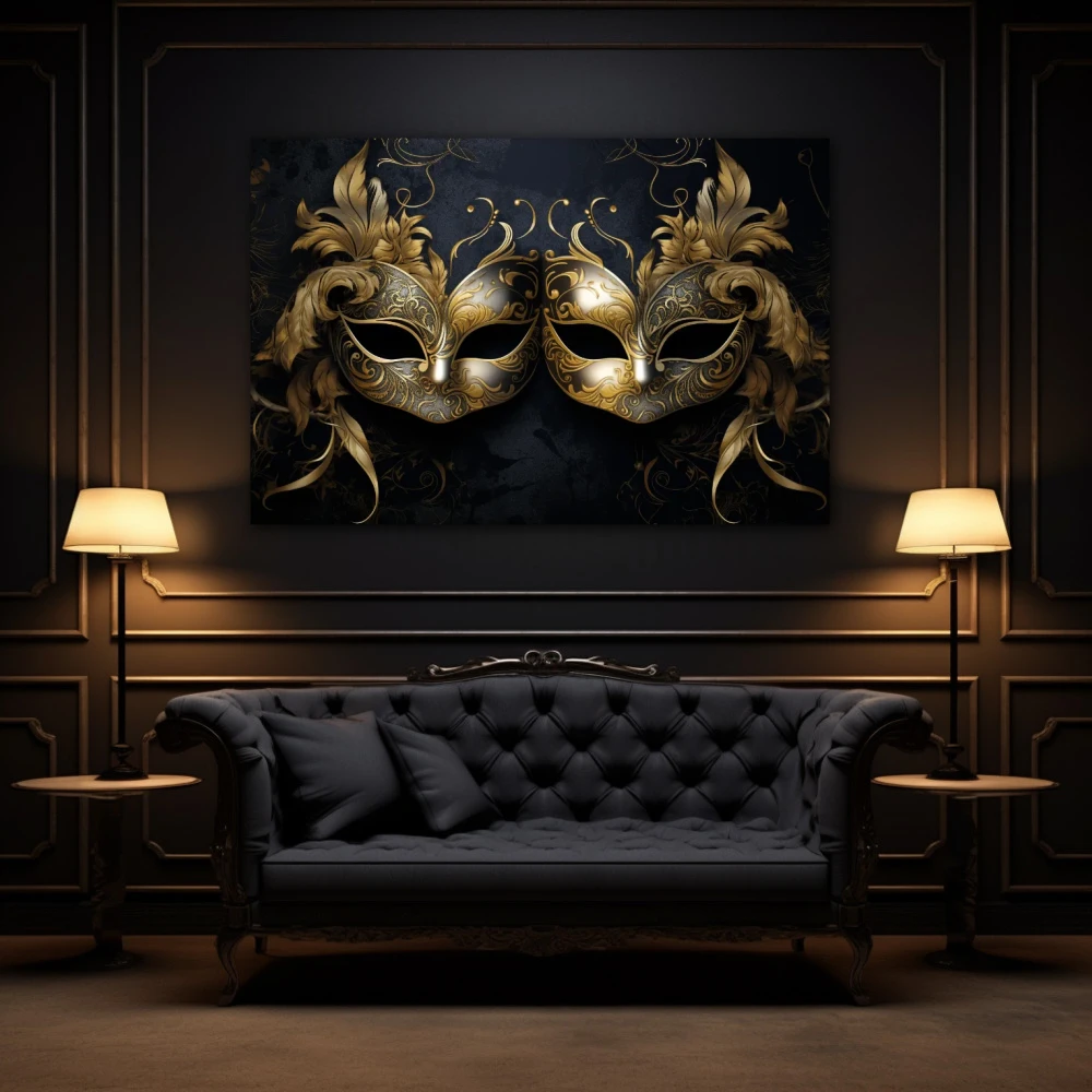 Wall Art titled: The Two Faces of the Same Coin in a Horizontal format with: Golden, and Black Colors; Decoration the Above Couch wall