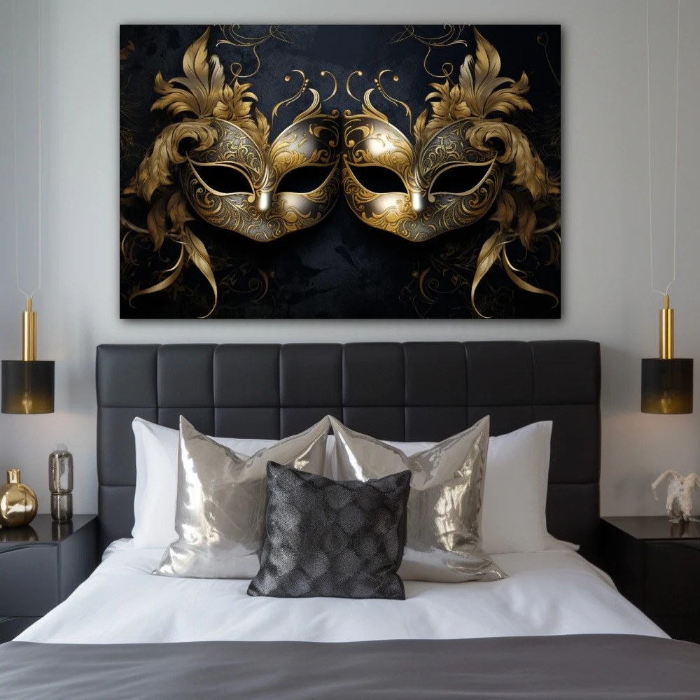 Wall Art titled: The Two Faces of the Same Coin in a Horizontal format with: Golden, and Black Colors; Decoration the Bedroom wall