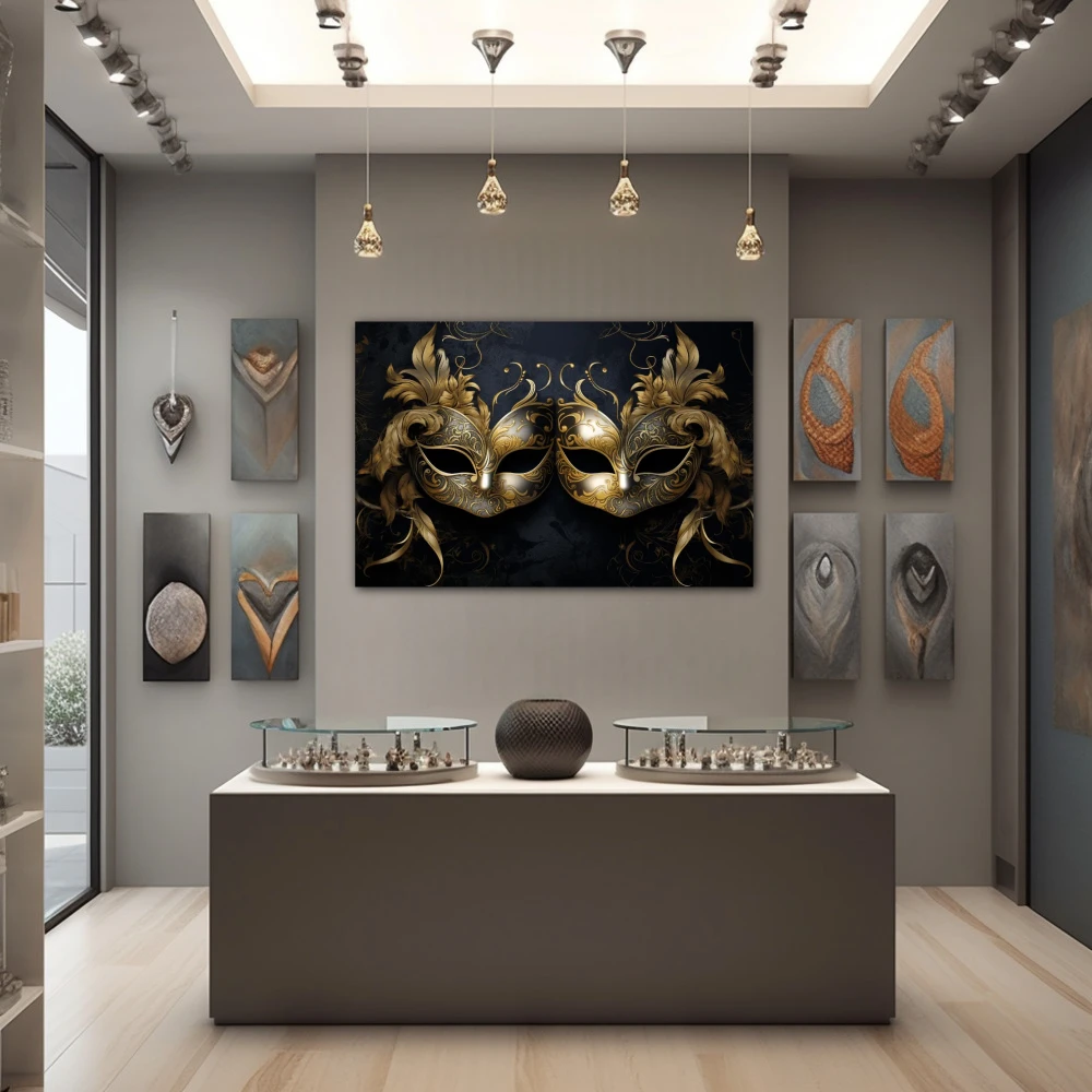 Wall Art titled: The Two Faces of the Same Coin in a Horizontal format with: Golden, and Black Colors; Decoration the Jewellery wall