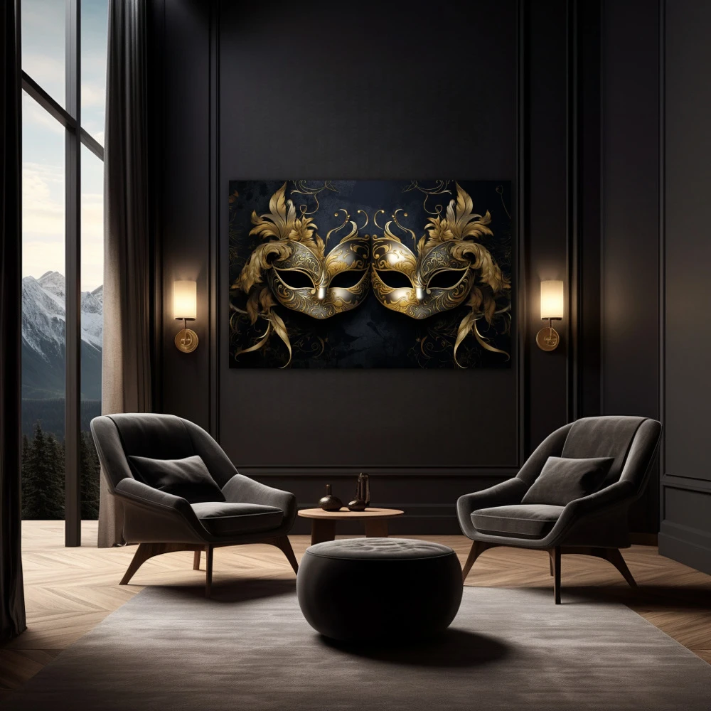 Wall Art titled: The Two Faces of the Same Coin in a Horizontal format with: Golden, and Black Colors; Decoration the Black Walls wall