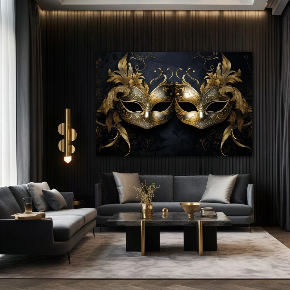 Wall Art titled: The Two Faces of the Same Coin in a Horizontal format with: Golden, and Black Colors; Decoration the Black Walls wall