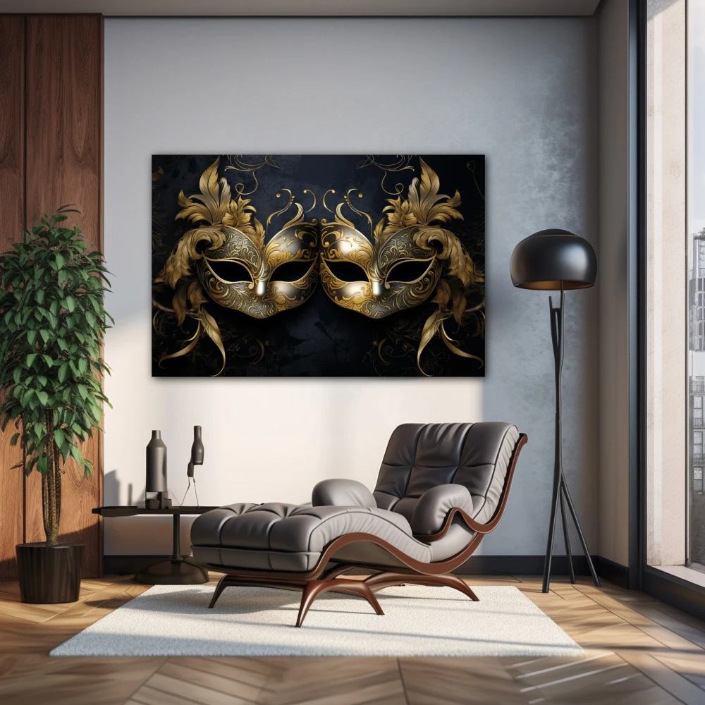 Wall Art titled: The Two Faces of the Same Coin in a Horizontal format with: Golden, and Black Colors; Decoration the Living Room wall