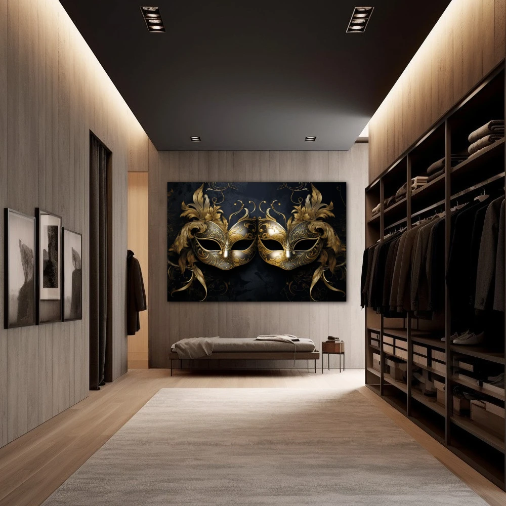 Wall Art titled: The Two Faces of the Same Coin in a Horizontal format with: Golden, and Black Colors; Decoration the Dressing Room wall