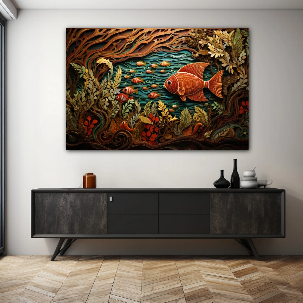 Wall Art titled: The Primordial Soup in a Horizontal format with: Brown, Orange, and Green Colors; Decoration the Sideboard wall