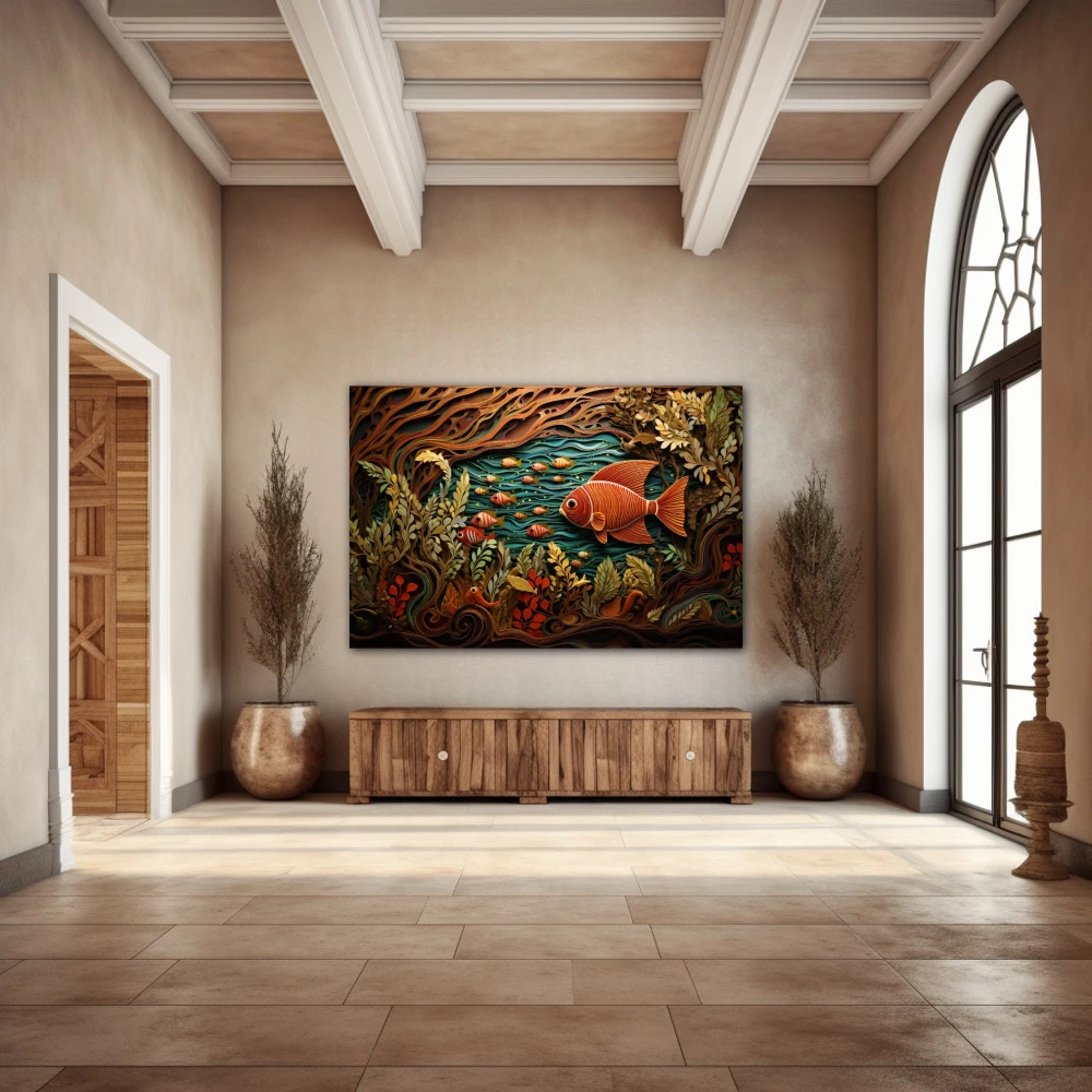 Wall Art titled: The Primordial Soup in a Horizontal format with: Brown, Orange, and Green Colors; Decoration the Entryway wall