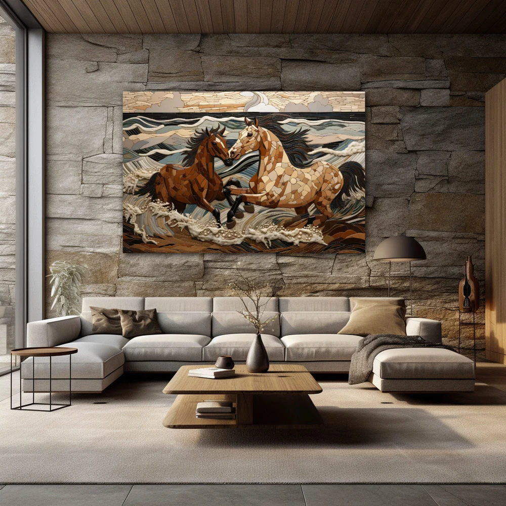 Cuadro espíritus salvajes en formato horizontal con colores blanco, marrón, beige; decorando pared piedra