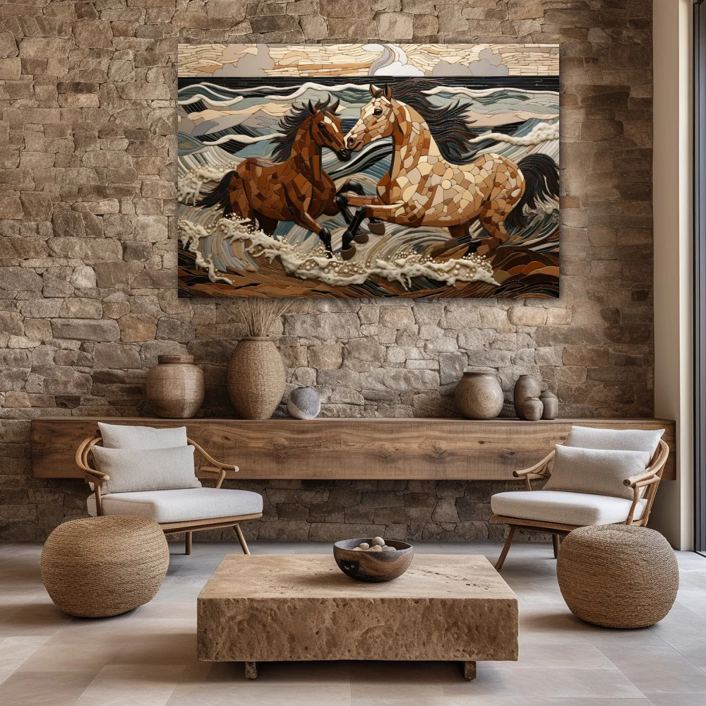 Cuadro espíritus salvajes en formato horizontal con colores blanco, marrón, beige; decorando pared piedra