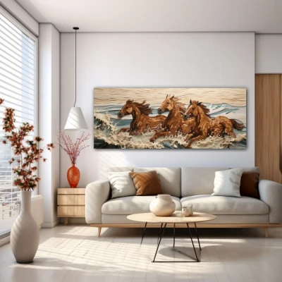 Cuadro galopando en libertad en formato apaisado con colores blanco, marrón, beige; decorando pared blanca