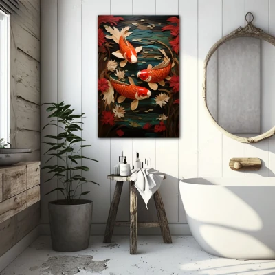 Wall Art titled: The Good Fortune in a Vertical format with: Orange, Red, and Green Colors; Decoration the Bathroom wall