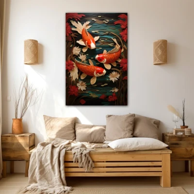 Wall Art titled: The Good Fortune in a  format with: Orange, Red, and Green Colors; Decoration the Beige Wall wall