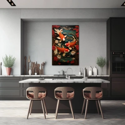 Wall Art titled: The Good Fortune in a  format with: Orange, Red, and Green Colors; Decoration the Kitchen wall