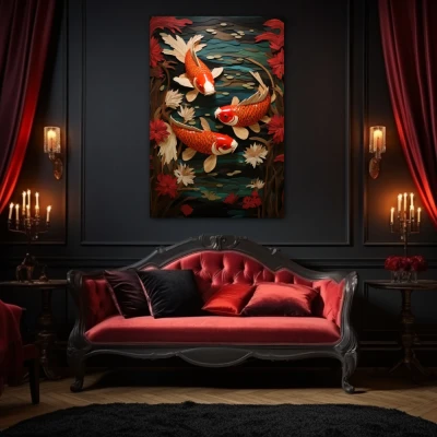 Wall Art titled: The Good Fortune in a Vertical format with: Orange, Red, and Green Colors; Decoration the Above Couch wall