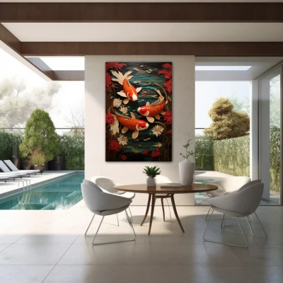 Wall Art titled: The Good Fortune in a Vertical format with: Orange, Red, and Green Colors; Decoration the Outdoor wall