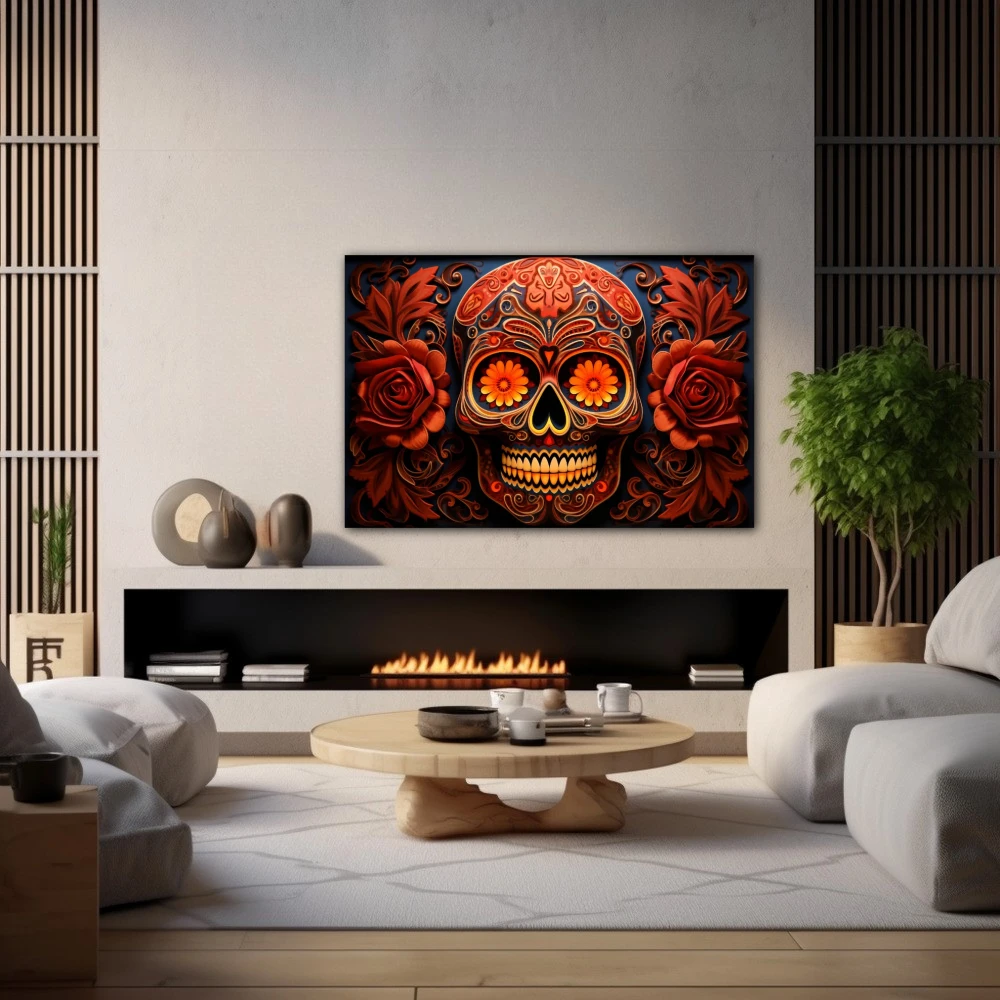 Cuadro calavera de azúcar roja en formato horizontal con colores naranja, rojo; decorando pared de chimenea