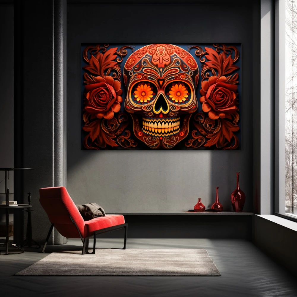 Cuadro calavera de azúcar roja en formato horizontal con colores naranja, rojo; decorando pared negra