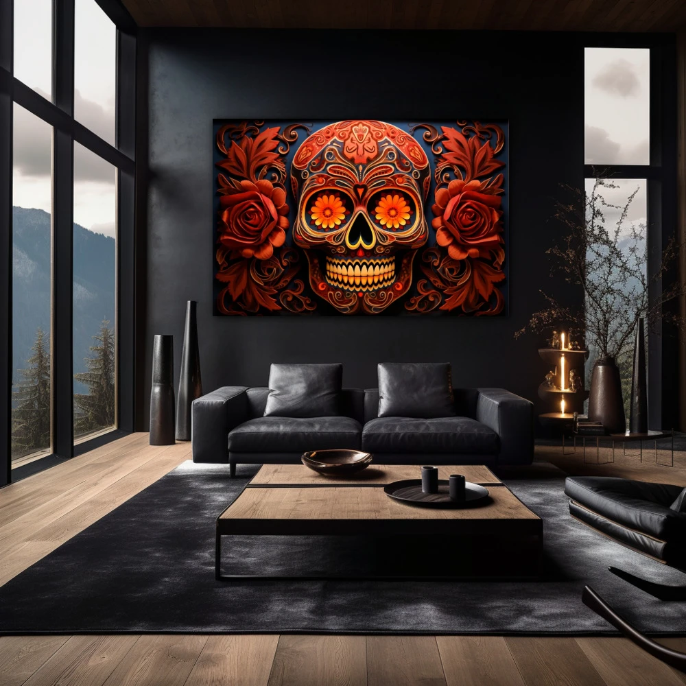 Cuadro calavera de azúcar roja en formato horizontal con colores naranja, rojo; decorando pared negra