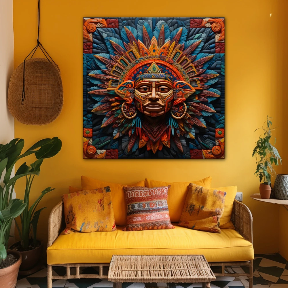 Wall Art titled: Xipe Totec in a Square format with: Blue, Purple, and Orange Colors; Decoration the Yellow Walls wall