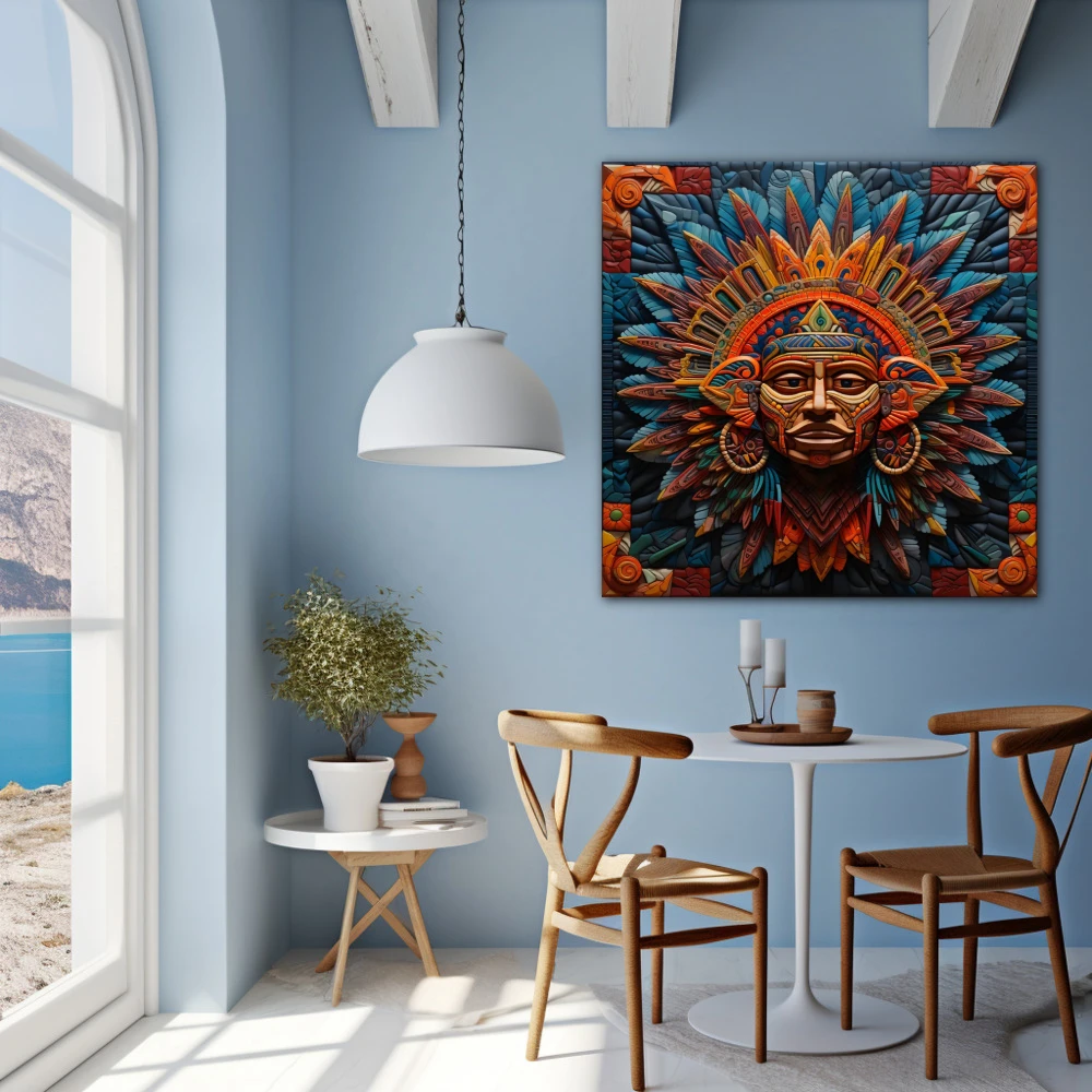 Wall Art titled: Xipe Totec in a Square format with: Blue, Purple, and Orange Colors; Decoration the Blue Wall wall