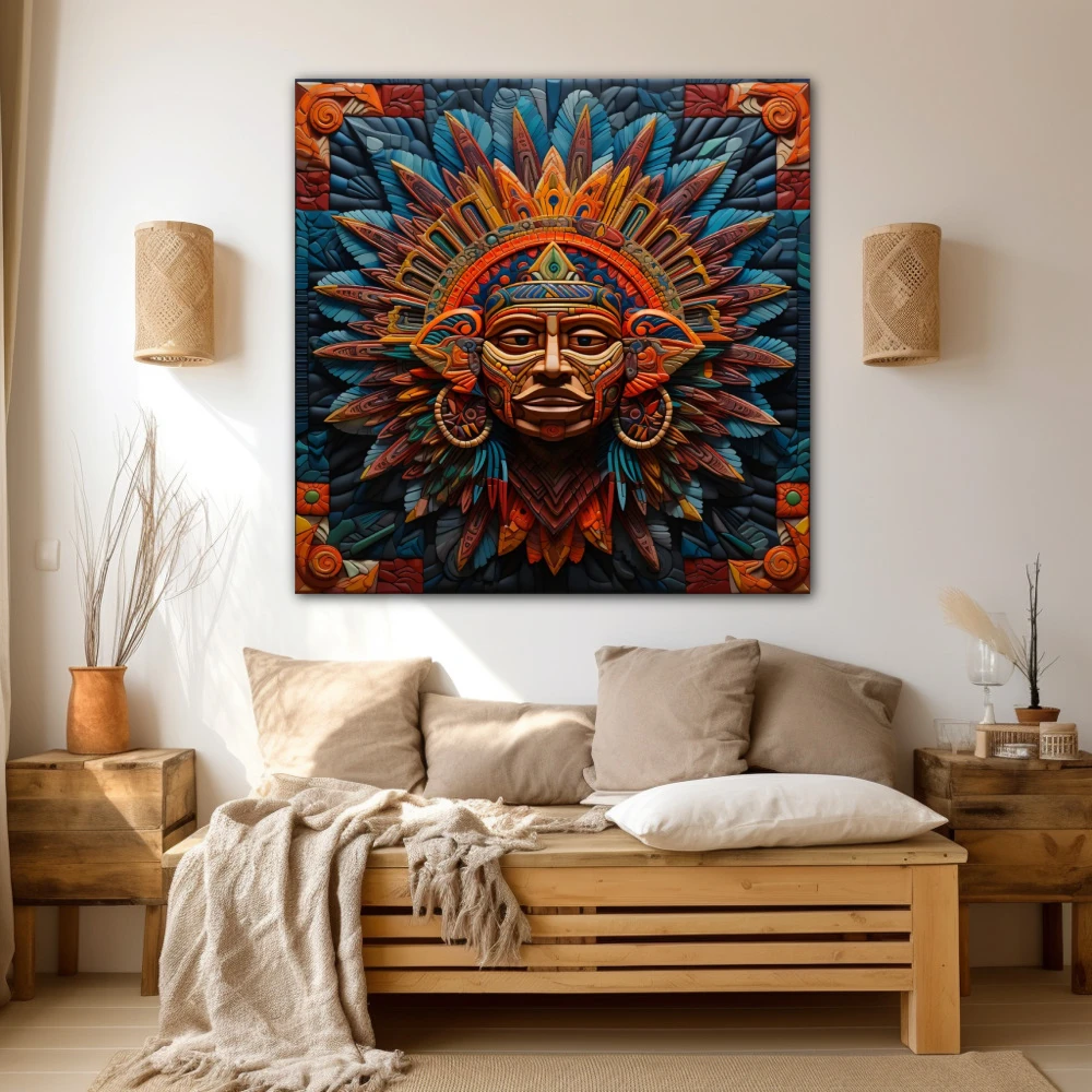 Wall Art titled: Xipe Totec in a Square format with: Blue, Purple, and Orange Colors; Decoration the Beige Wall wall