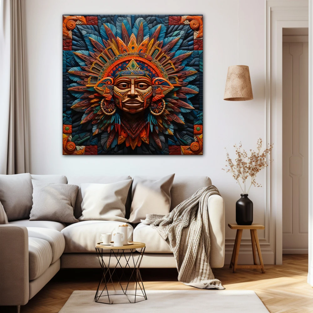 Wall Art titled: Xipe Totec in a Square format with: Blue, Purple, and Orange Colors; Decoration the Beige Wall wall