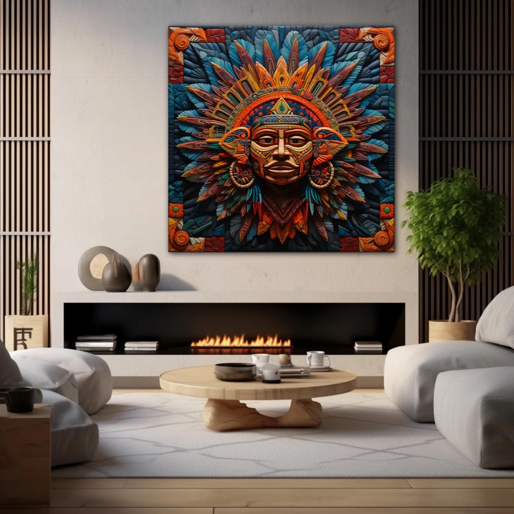 Wall Art titled: Xipe Totec in a Square format with: Blue, Purple, and Orange Colors; Decoration the Fireplace wall