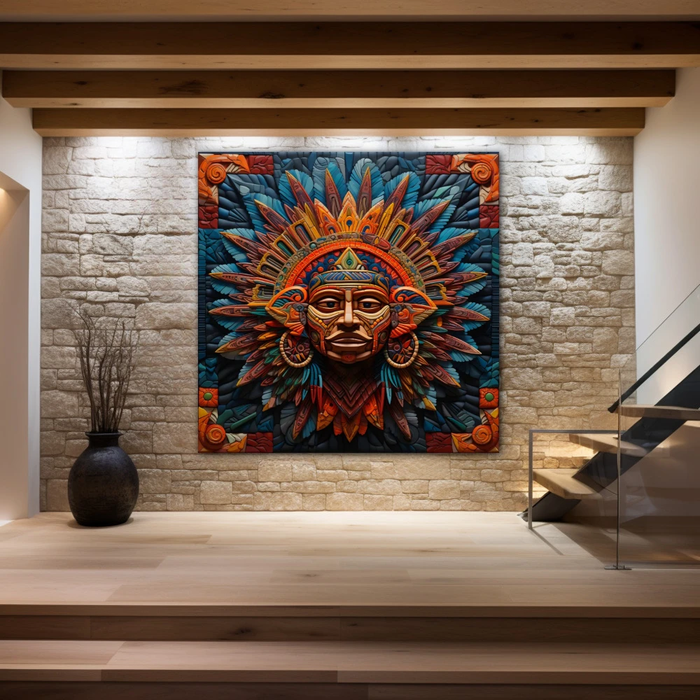 Wall Art titled: Xipe Totec in a Square format with: Blue, Purple, and Orange Colors; Decoration the Stone Walls wall