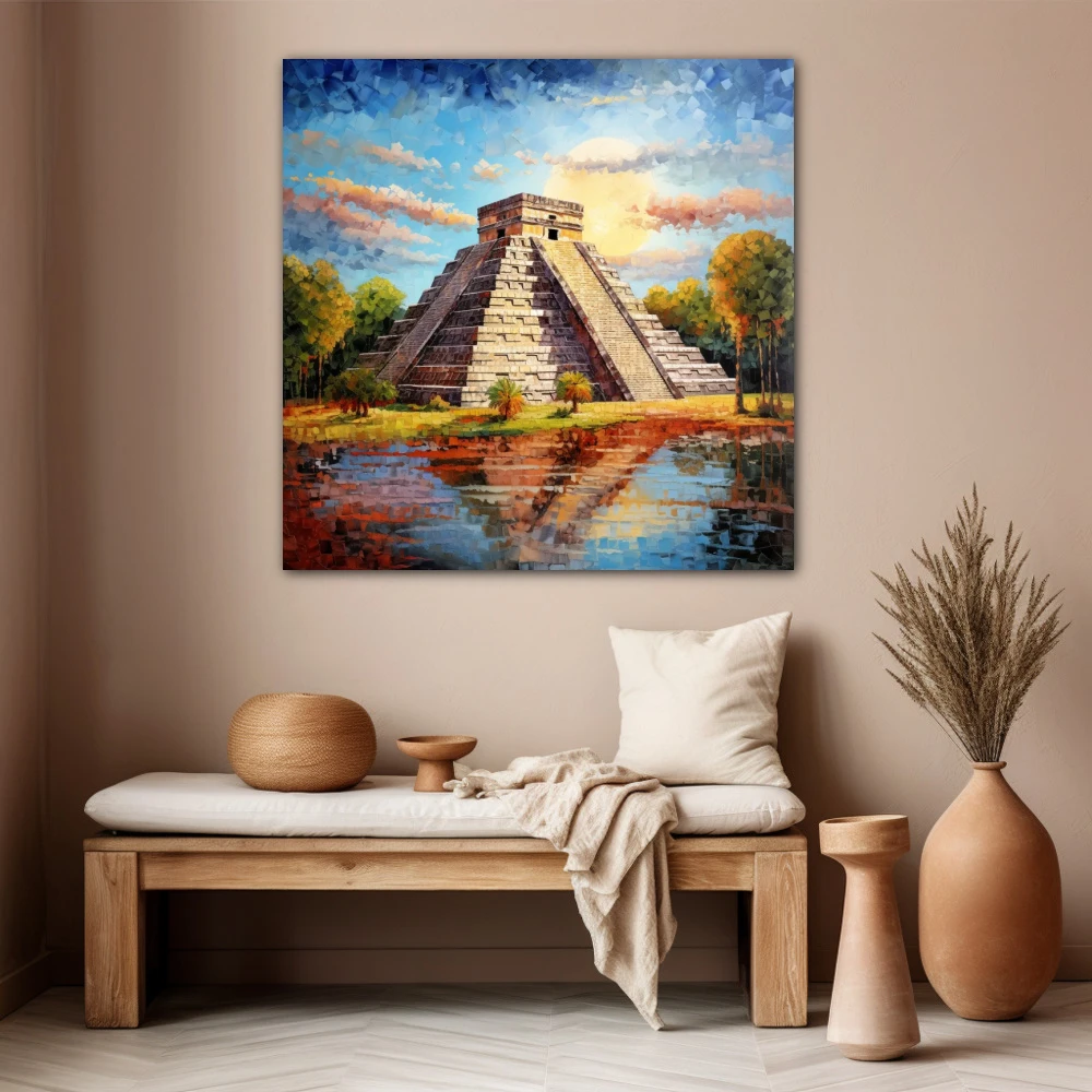 Cuadro el reflejo de chichen itza en formato cuadrado con colores azul, marrón, verde; decorando pared beige