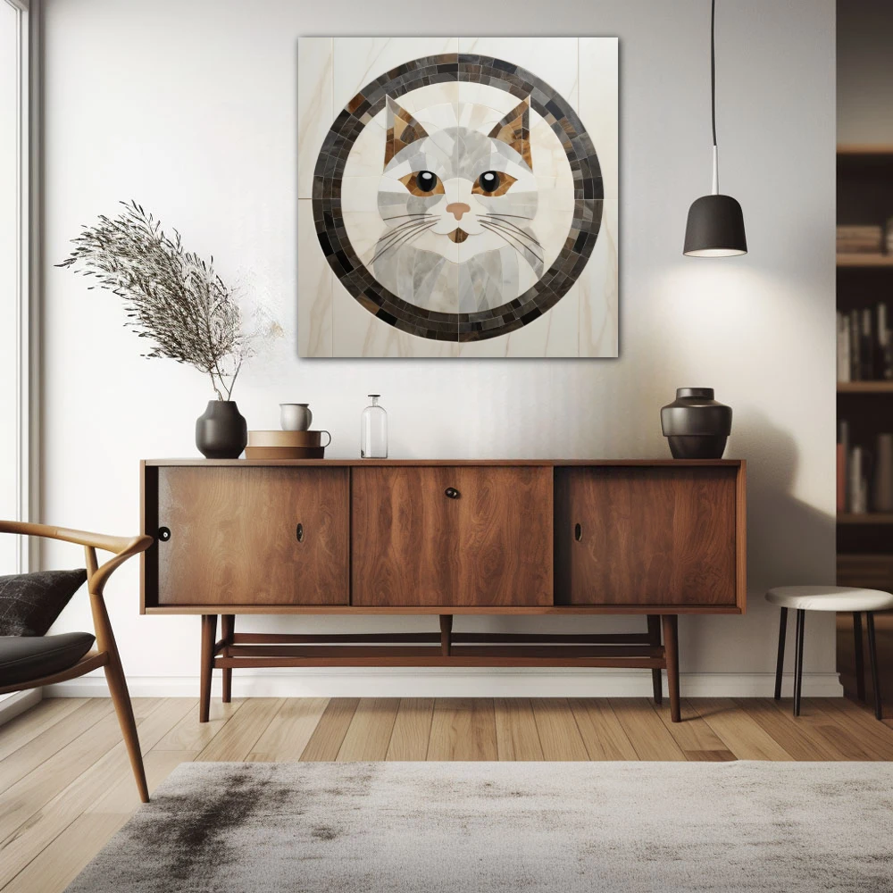 Wall Art titled: Feline Subtlety in a Square format with: white, Grey, and Brown Colors; Decoration the Sideboard wall