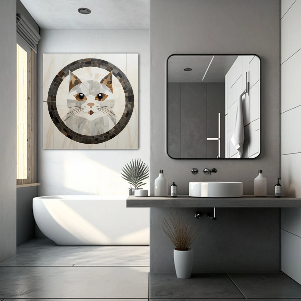 Wall Art titled: Feline Subtlety in a Square format with: white, Grey, and Brown Colors; Decoration the Bathroom wall