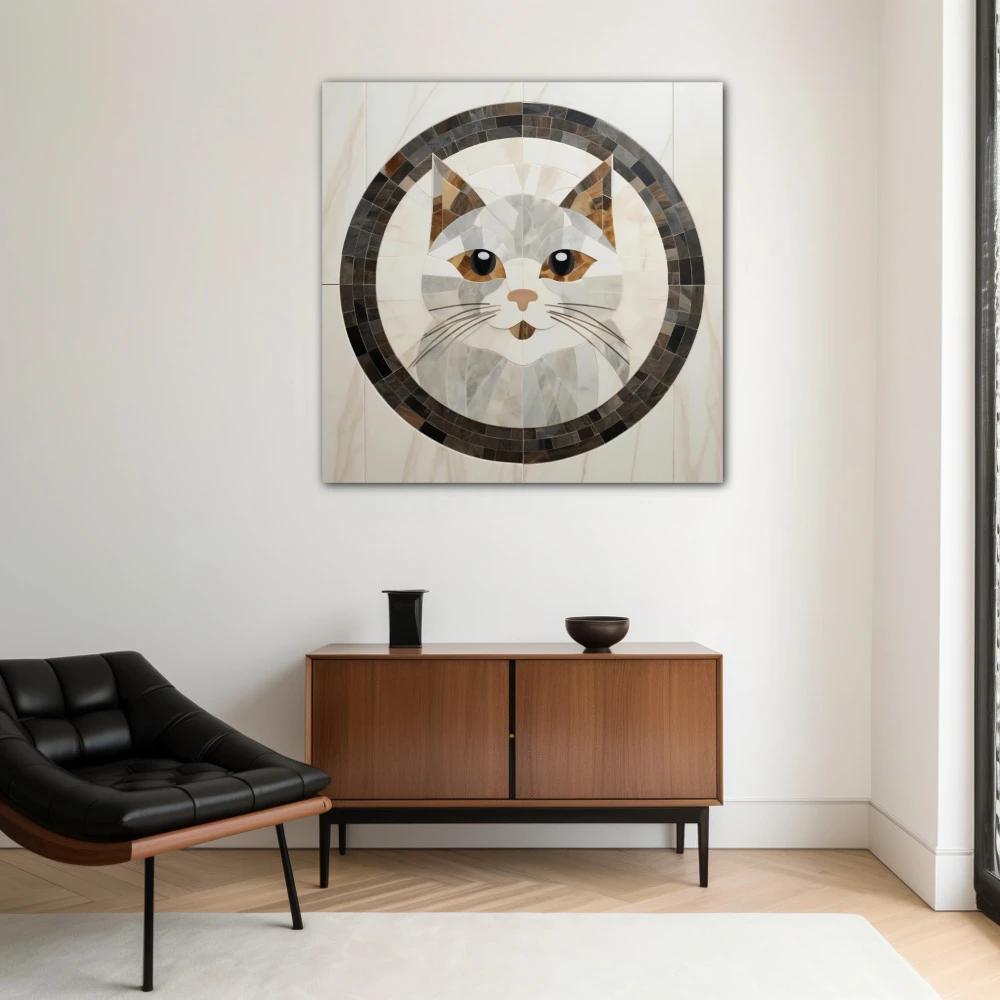 Wall Art titled: Feline Subtlety in a Square format with: white, Grey, and Brown Colors; Decoration the White Wall wall