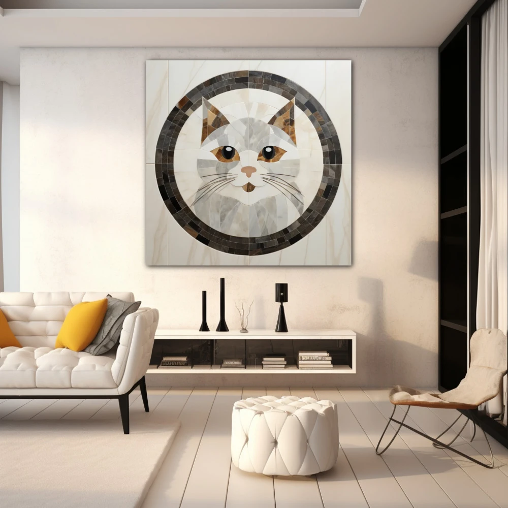 Wall Art titled: Feline Subtlety in a Square format with: white, Grey, and Brown Colors; Decoration the White Wall wall