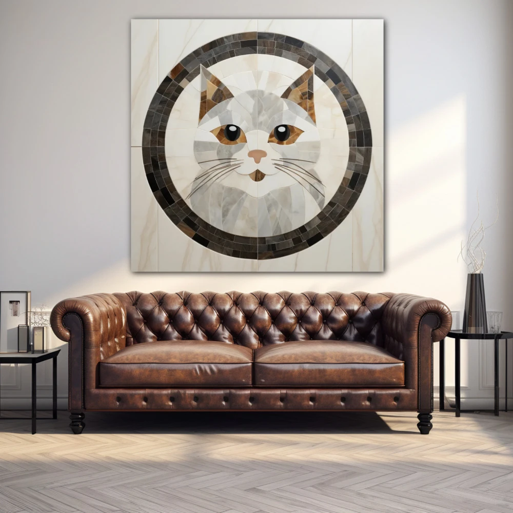 Wall Art titled: Feline Subtlety in a Square format with: white, Grey, and Brown Colors; Decoration the Above Couch wall